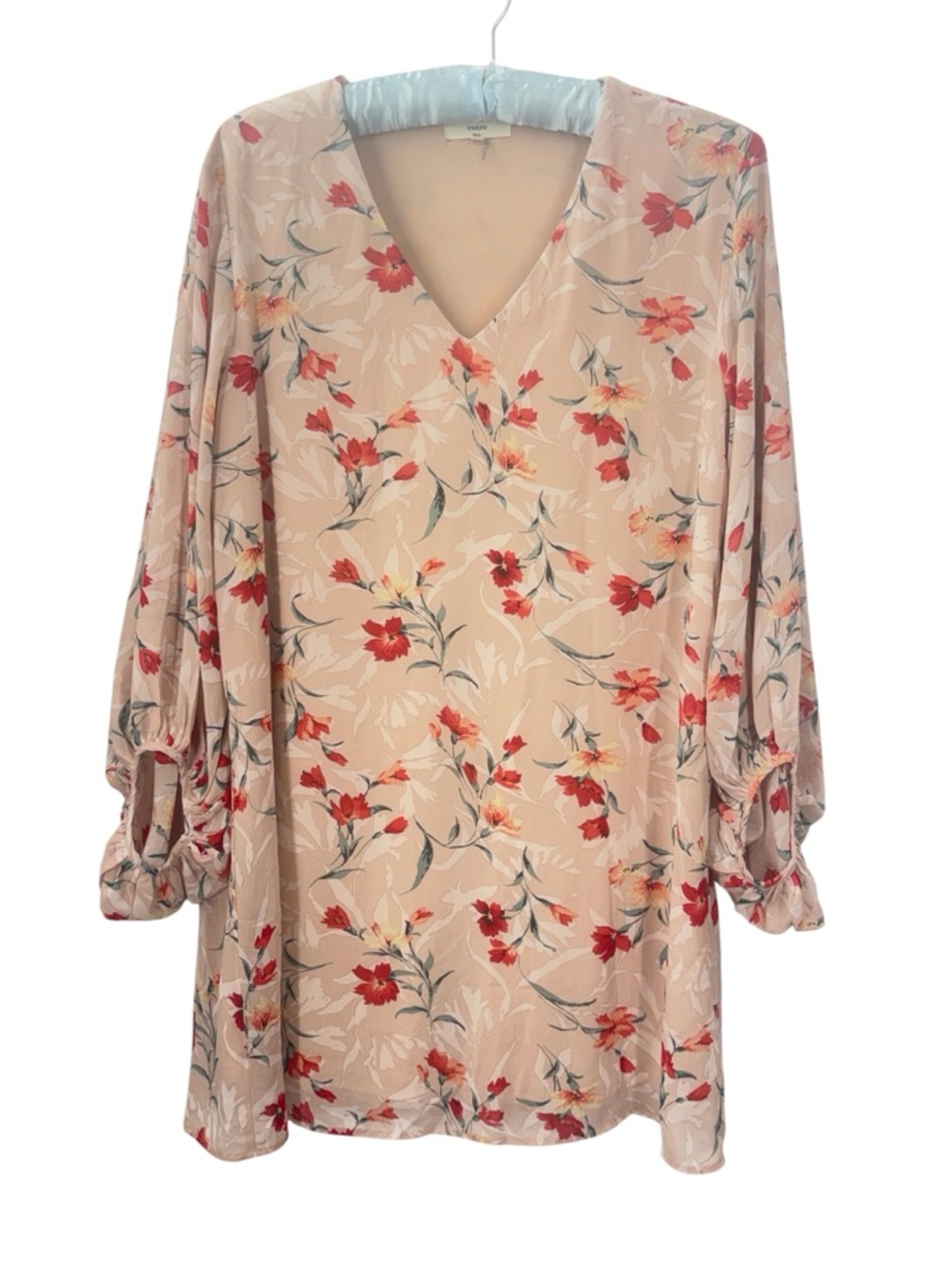 Entro Floral V-Neck Mini Dress Medium Peach Red Boho Long Bubble Sleeve Lined M